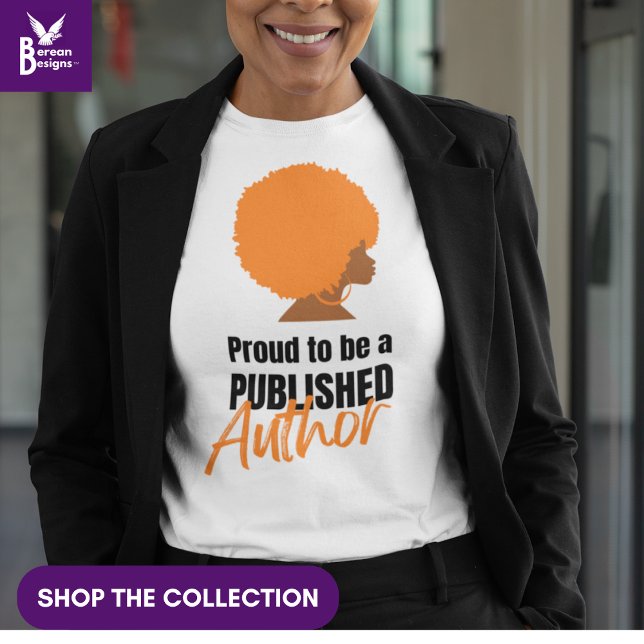 Camiseta AFro Queen Proud BLACK PUBLICADO AUTOR (Black woman wearing Proud to be a Published Author T-shirt featuring afro queen. Shop the collection)