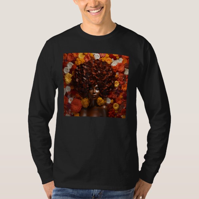Camiseta Afro Woman Floral Black Queen Puff Melanin Autumn  (Frente)