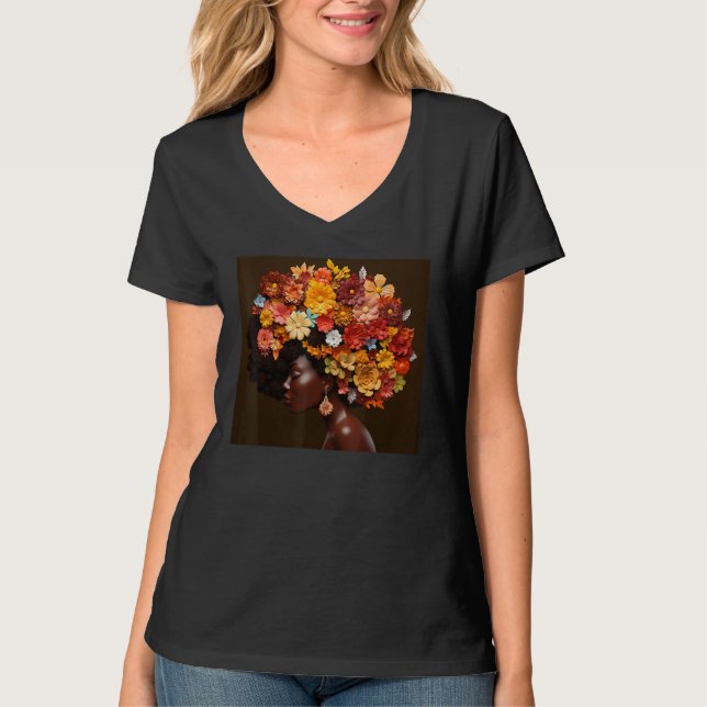 Camiseta Afro Woman Floral Black Queen Puff Melanin Magic F (Frente)