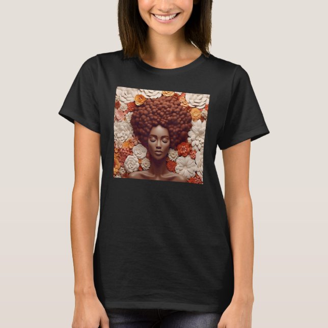 Camiseta Afro Woman Floral Black Queen Puff Melanin Orange  (Frente)