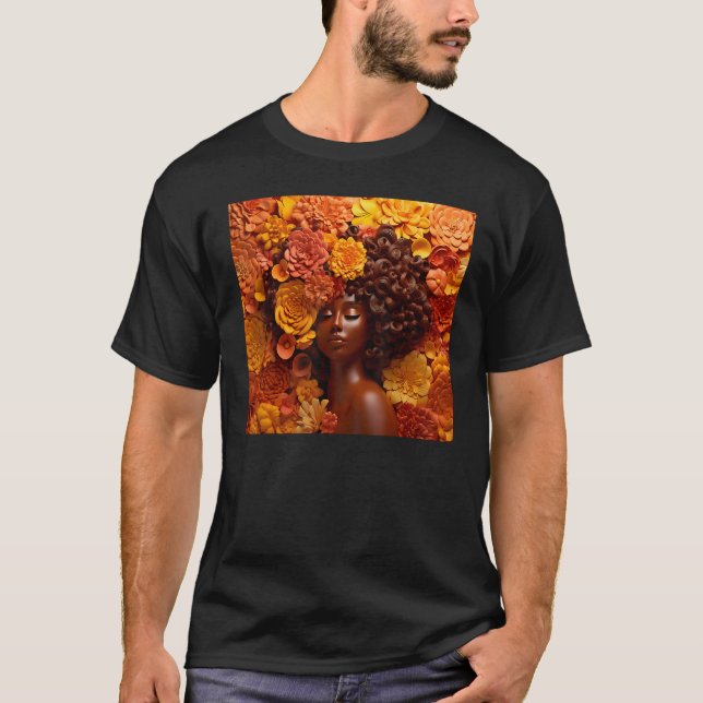 Camiseta Afro Woman Floral Black Queen Puff Melanin Yellow  (Frente)