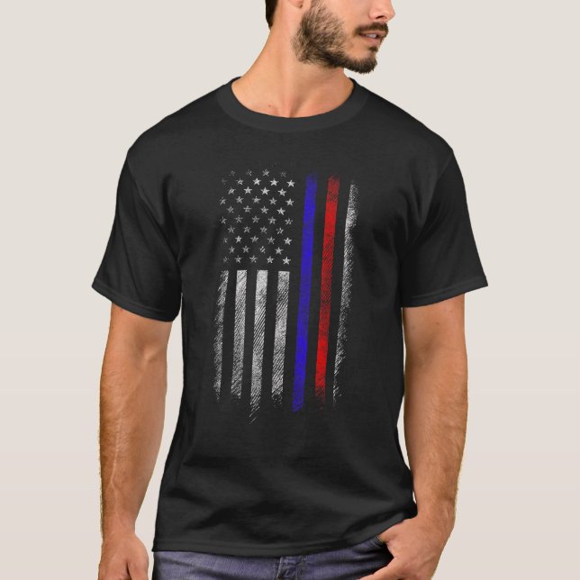 Camiseta Agente da Polícia de Bombeiro Red & Blue Line Flag (Frente)