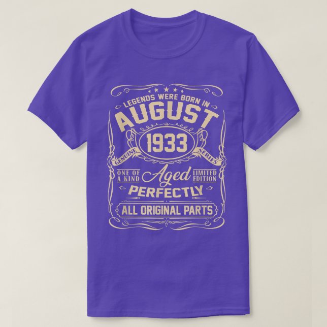 Camiseta Agosto de 1933 89º Aniversário Presente aos Homens (Frente do Design)