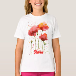 Camiseta Agosto flor de nascimento Papoilas vermelhas Aquar