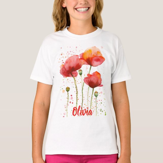 Camiseta Agosto flor de nascimento Papoilas vermelhas Aquar (Frente)