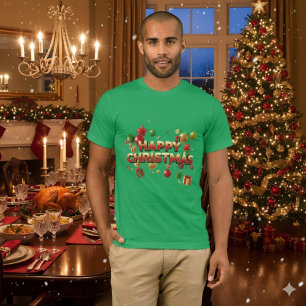 Camiseta Água-forte de Natal Globo de Neve Cabana Verde