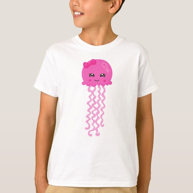 Camiseta Água-viva branca, pequena água-viva, medusa rosa (Frente)