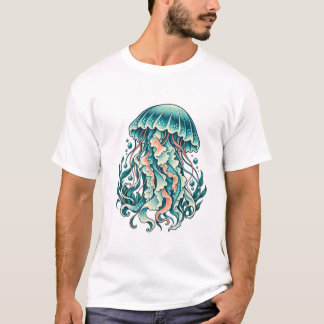 Camiseta Água-viva turquesa com Tentáculos Oceânicos Fluind