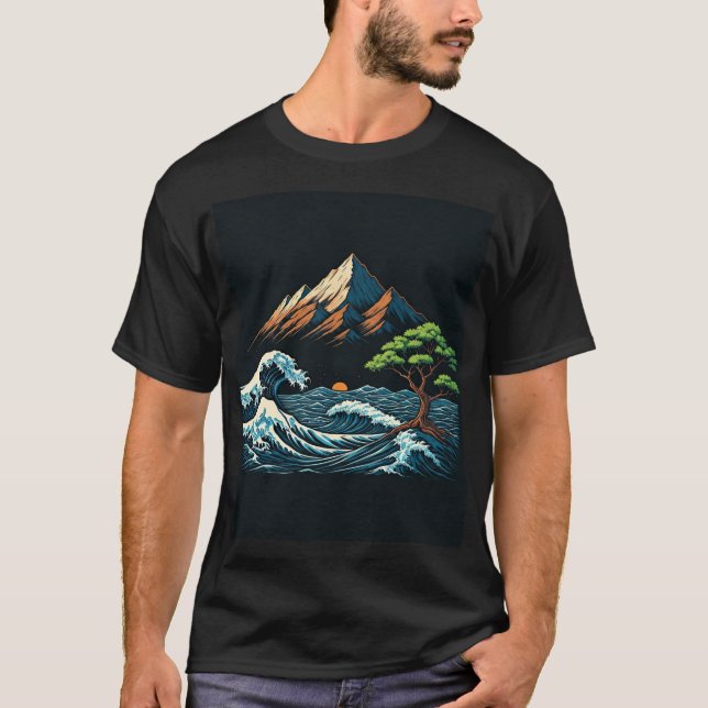 Camiseta Aguardações - Montanha, Ondas, Camisa-Árvore (Frente)