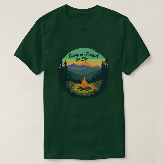 Camiseta Aguardam Aventura ao ar livre: acampamento é amigo (Frente do Design)