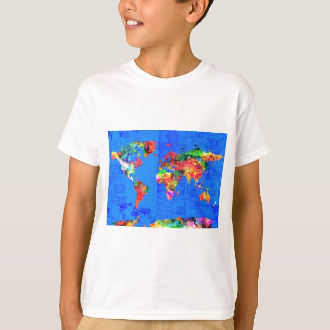 Camiseta aguarela 1 do mapa do mundo (Frente)