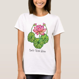 Camiseta Aguarela Lotus cor-de-rosa com botões & folhas