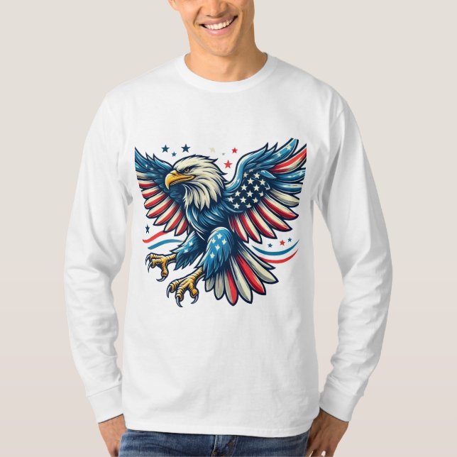Camiseta Águia Balda Patriótica com Design de Bandeira Amer (Frente)
