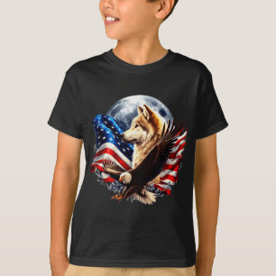 Camiseta Águia Careca Lobo Bandeira Americana Lua Cheia Ano