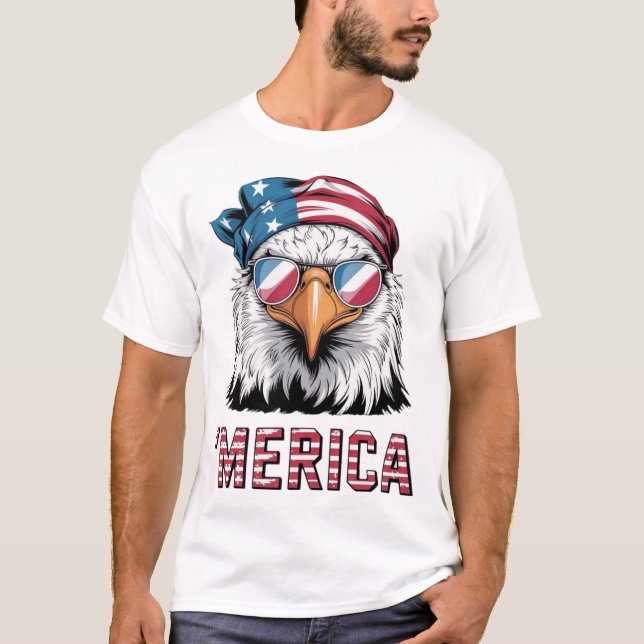 Camiseta Águia Patriótica Vestindo Óculos Legal 'Merica' (Frente)