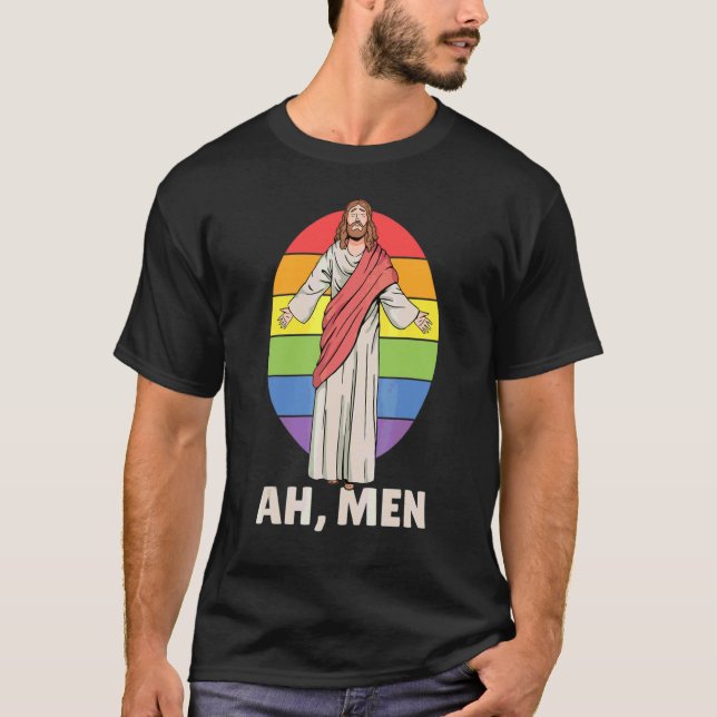 Camiseta Ah Men Deus Jesus Christian Lgbtq Orgulho gay Lésb (Frente)