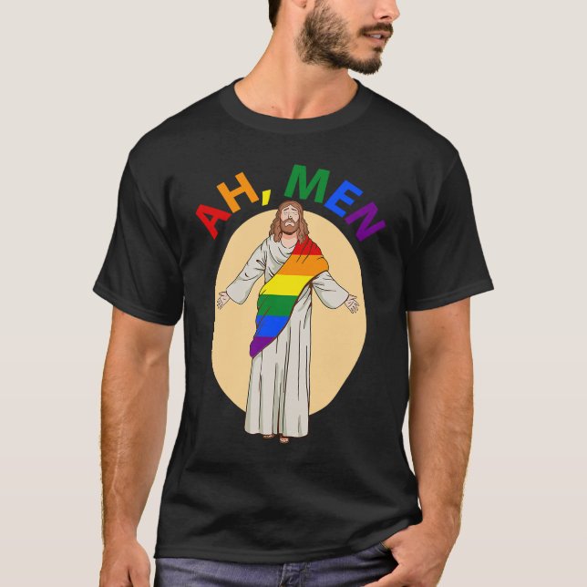 Camiseta Ah Men Gay Pride Jesus Rainbow  LGBT Flag Christia (Frente)