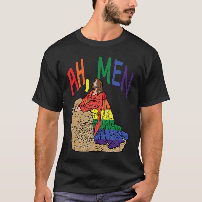 Camiseta Ah Men  LGBT Gay Pride Jesus Prayer Rainbow Flag (Frente)