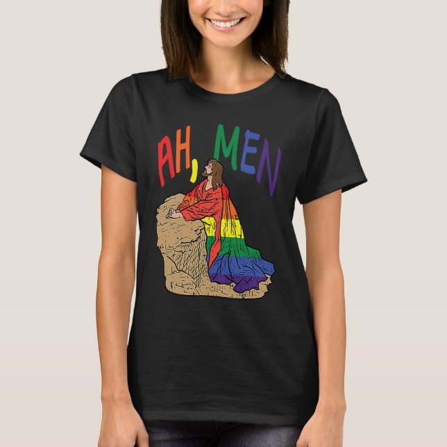 Camiseta Ah Men  LGBT Gay Pride Jesus Prayer Rainbow Flag (Frente)