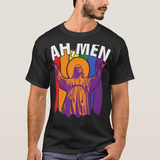 Camiseta Ah Men Lgbt Orgulho gay Jesus Rainbow Flag Christi (Frente)