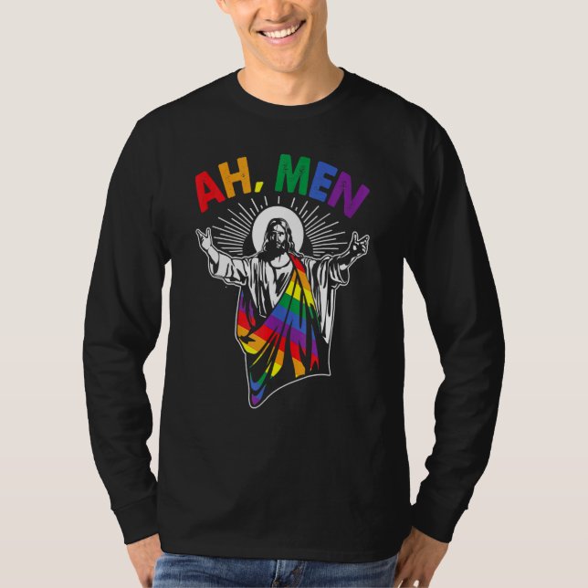 Camiseta Ah Men Lgbt Orgulho gay Jesus Rainbow Flag Christi (Frente)