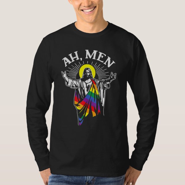 Camiseta Ah Men Lgbt Orgulho gay Jesus Rainbow Flag Christi (Frente)