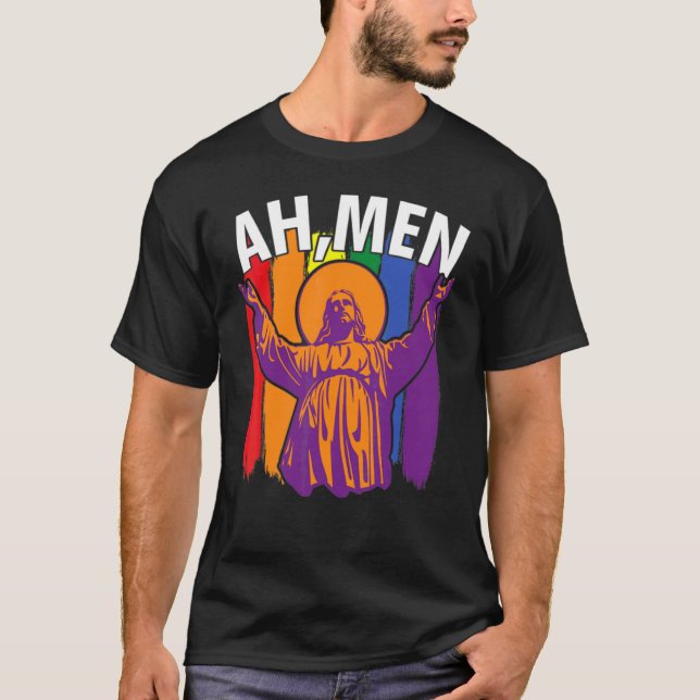 Camiseta Ah Men Lgbt Orgulho gay Jesus Rainbow Flag Christi (Frente)