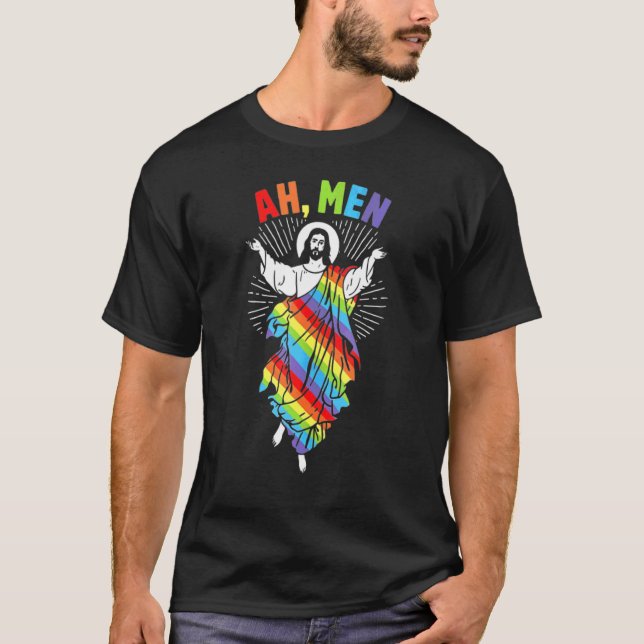 Camiseta Ah Men Lgbt Orgulho gay Jesus Rainbow Peace Christ (Frente)