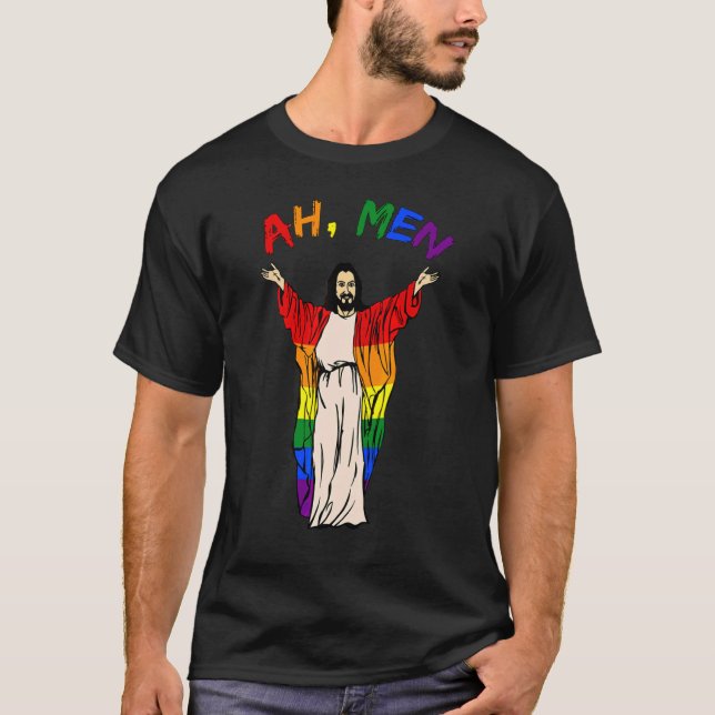 Camiseta Ah Men Lgbt Orgulho gay Jesus Rainbow Peace Flag (Frente)