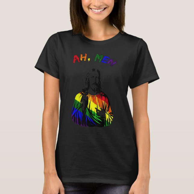 Camiseta Ah Men Lgbt Orgulho gay Jesus Rainbow Peace Flag 2 (Frente)