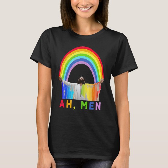 Camiseta Ah Men Rainbow Gay Jesus Christian Gay Rights Gay  (Frente)