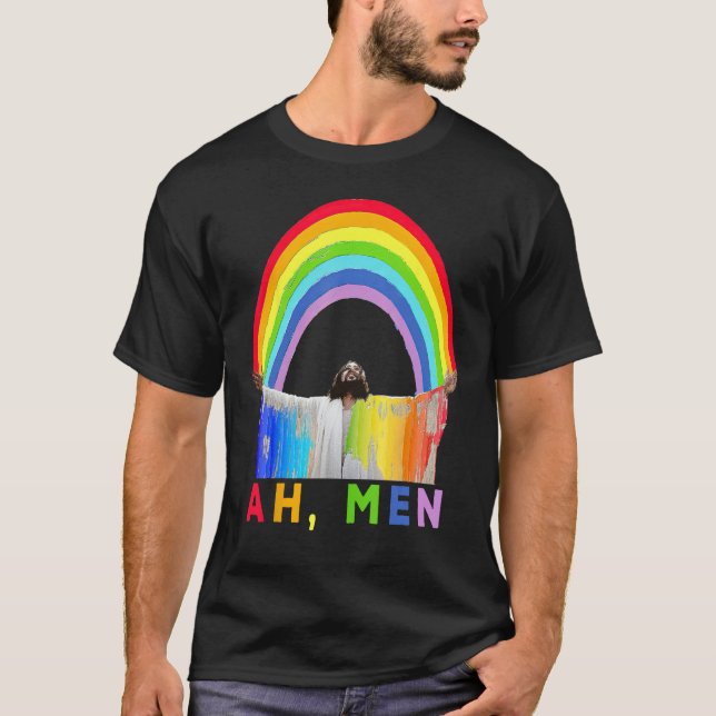 Camiseta Ah Men Rainbow Gay Jesus Christian Gay Rights Gay  (Frente)