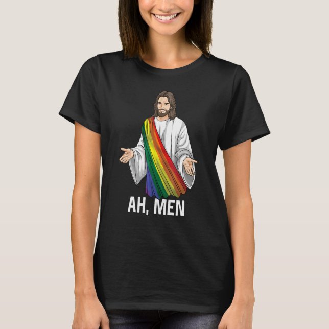 Camiseta Ah Men Rainbow Gay Jesus Christian Lgbt Prim Flag (Frente)