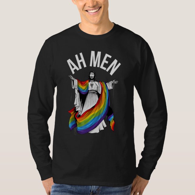 Camiseta Ah Men Rainbow Gay Jesus Christian Lgbt Prim Flag (Frente)