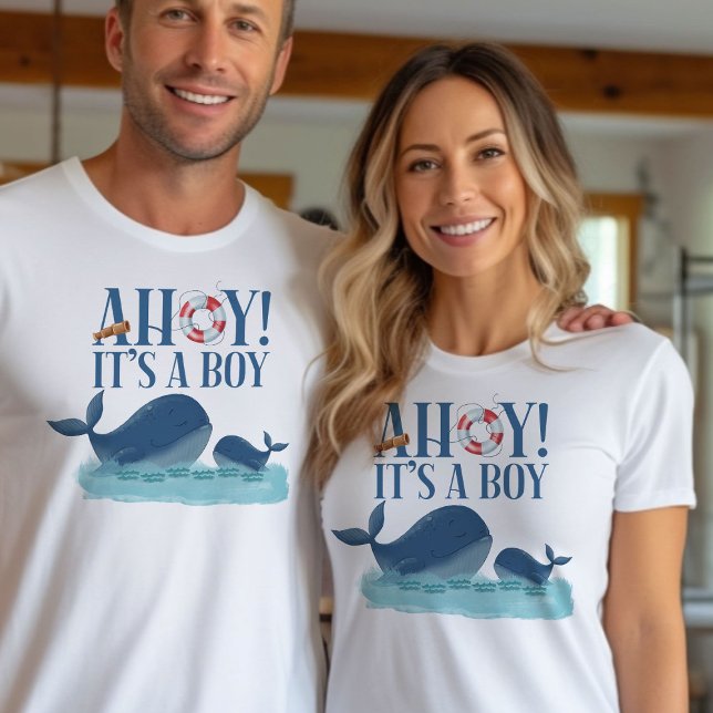 Camiseta Ahoy, é uma Revelação de Gênero de Baleias-do-Ocea (Ahoy it's a Boy t-shirt, gender reveal or birth announcement - Happy Whales Baby Shower Collection)
