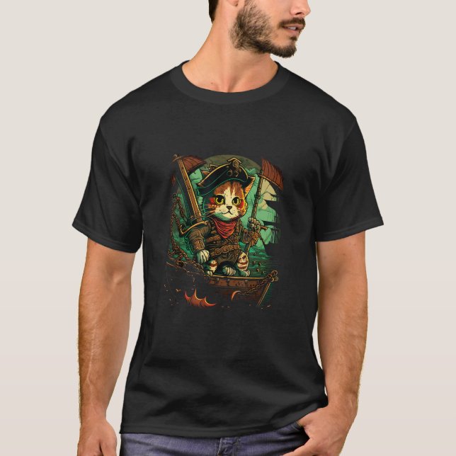 Camiseta Ahoy, Matey! Pirate Cat Design with Ship and Jolly (Frente)