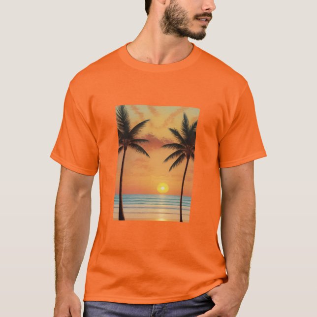 Camiseta AI Art Morning Sunrise Beach Palm Trees (Frente)