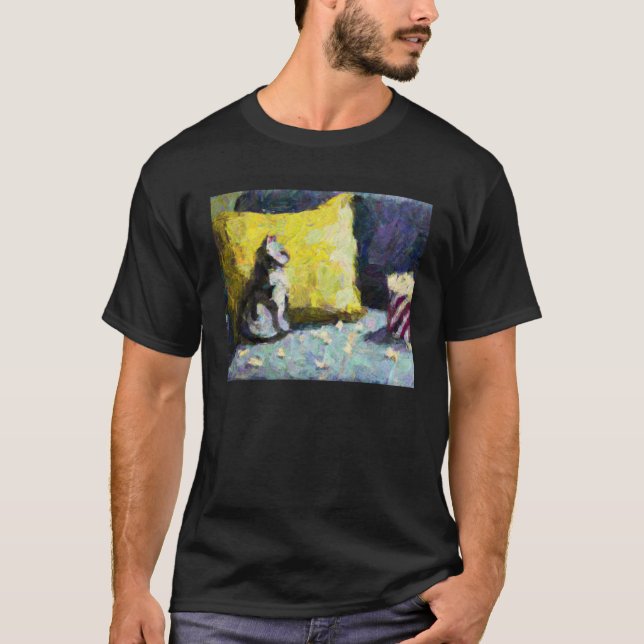 Camiseta AI Impressionist Cat Watching TV and Eating Popcor (Frente)