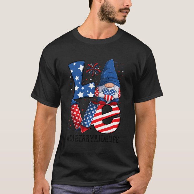 Camiseta Aide Dietético Love 4 De Julho Gnomo Usa Patriotic (Frente)