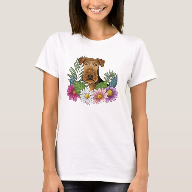 Camiseta Airedale Terrier Head Com Flores Selvagens Colorid (Frente)
