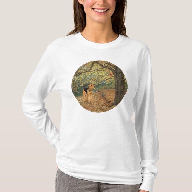 Camiseta Airedale Terrier Observação de Pássaros (Frente)