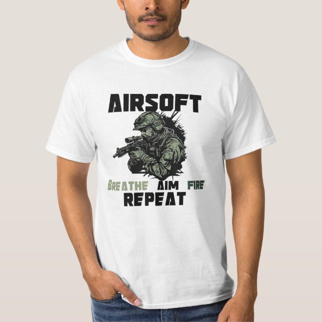 Camiseta Airsoft, Breathe Aim Fire Repetir (Frente)