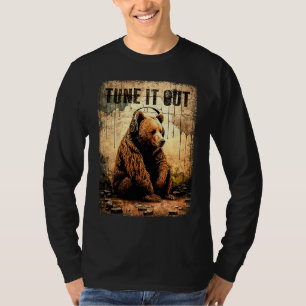 Camiseta Ajuste Para fora Urso Pardo Com Fones de Ouvido Gr