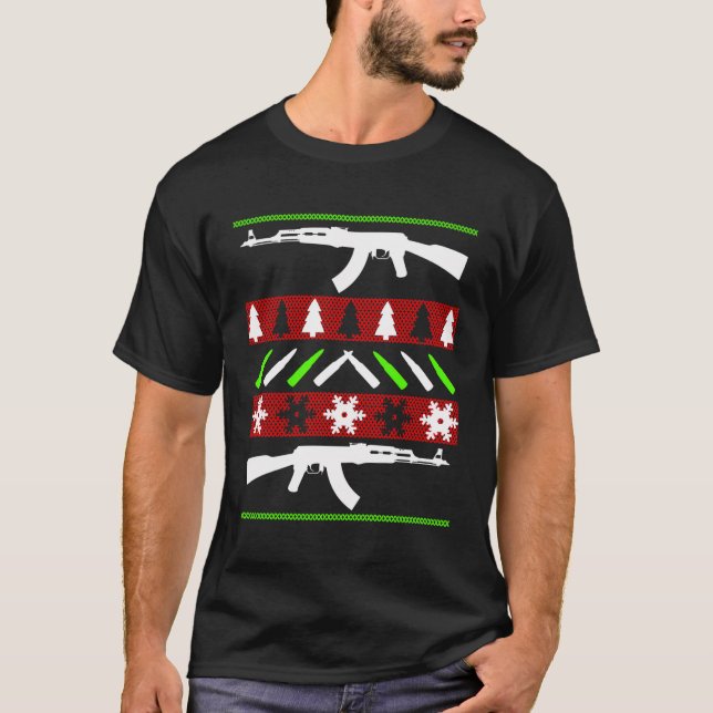 Camiseta Ak 47 Rifle Ugly Christmas Sweater Funny Gun Long (Frente)