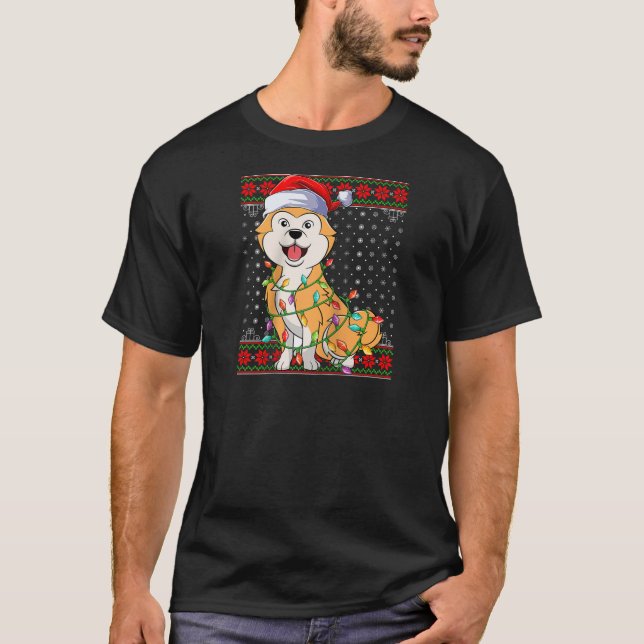 Camiseta Akita Christmas Lights Ugly Sweater Papais noeis A (Frente)