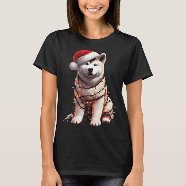 Camiseta Akita Dog Christmas Lights Santa Hat Dog Lover Pre (Frente)