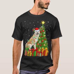 Camiseta Akita Dog Lighting Xmas Tree Santa Hat Akita Chris