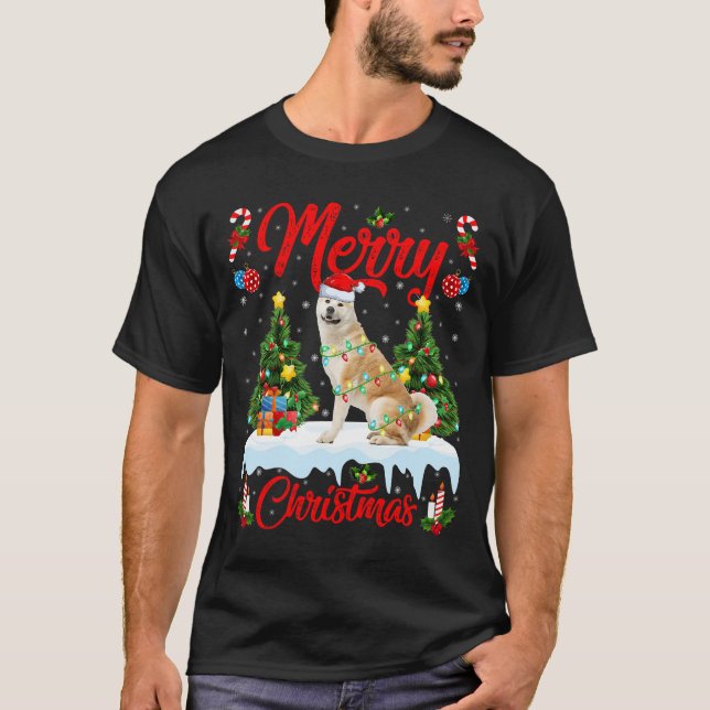 Camiseta Akita Dog Luz Papais noeis De Árvore Xmas Akita Na (Frente)