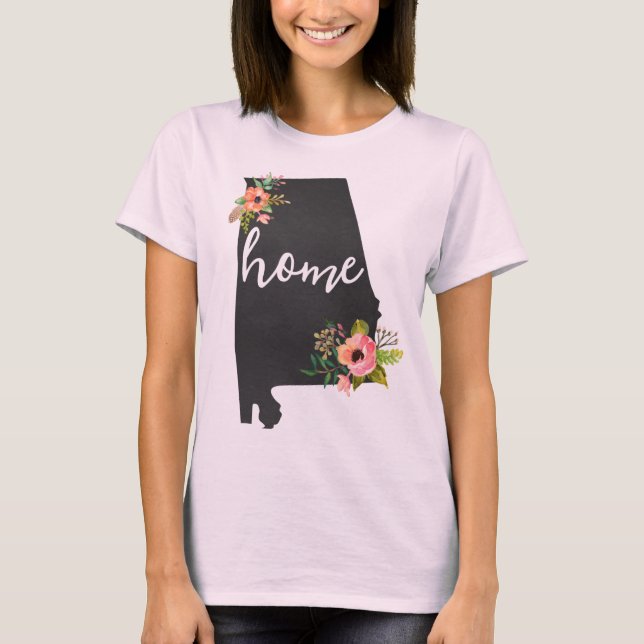 Camiseta Alabama Home Chalkboard Watercolor Flowers Estado (Frente)