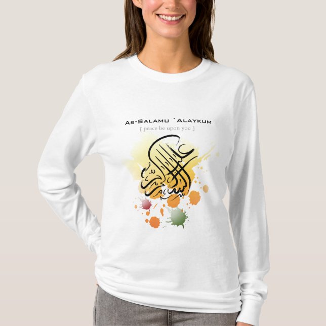 Camiseta Alaikum de Assalamu '- arte árabe da caligrafia (Frente)